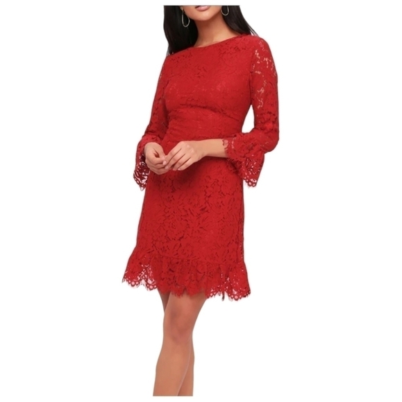 Lulu's Mini Dress Medium Red Flair-est of Them All Lace Flounce Sleeve Zip NWT - Picture 2 of 12